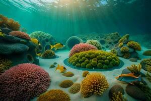 an underwater scene with corals and fish. AI-Generated photo