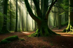 un bosque con arboles y luz de sol brillante a través de. generado por ai foto