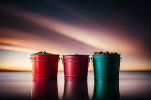 three buckets of nuts on the beach. AI-Generated photo