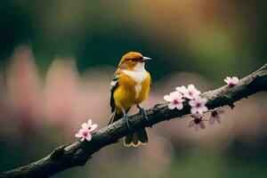 a bird sits on a branch with flowers in the background. AI-Generated photo