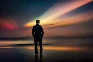 un hombre en pie en el playa mirando a el cielo. generado por ai foto