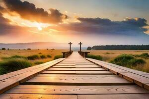 a wooden bridge leads to a cross in the middle of a field. AI-Generated photo