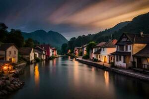 foto fondo de pantalla el cielo, río, casas, montañas, atardecer, el aldea, Francia,. generado por ai