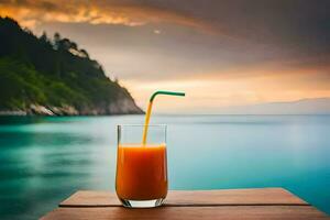 a glass of orange juice on a wooden table with a view of the ocean. AI-Generated photo