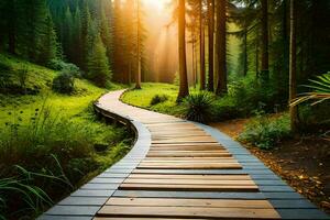 un de madera camino en el bosque con Dom brillante a través de. generado por ai foto