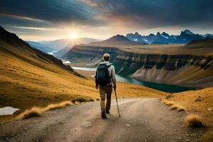 un hombre con un mochila caminando en un la carretera en el montañas. generado por ai foto