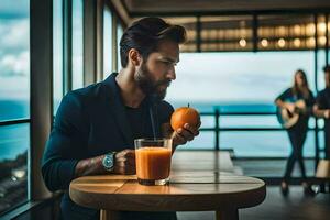 a man sitting at a table with an orange juice. AI-Generated photo