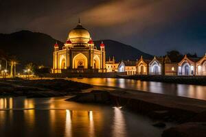 the mosque at night in the middle of the water. AI-Generated photo