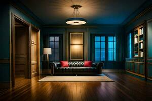 a dark room with a leather couch and a lamp. AI-Generated photo