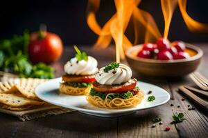 two small plates with food on them and a fire. AI-Generated photo