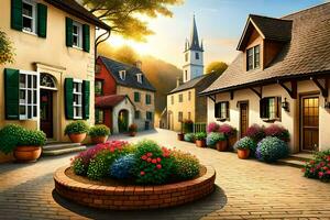 a painting of a small town with flowers and potted plants. AI-Generated photo