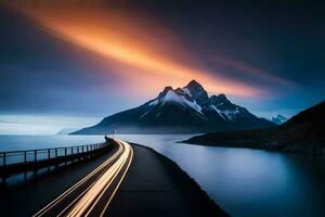 a long exposure photo of a road and mountains. AI-Generated