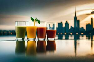 four glasses of juice with a city skyline in the background. AI-Generated photo