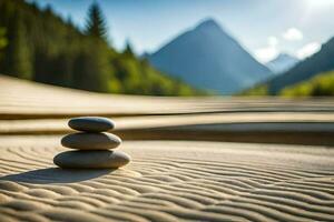 stacked stones in the sand with mountains in the background. AI-Generated photo