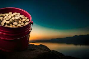 a bucket filled with pills on a rock. AI-Generated photo