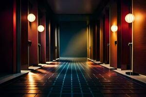 a hallway with lights and lamps on the floor. AI-Generated photo