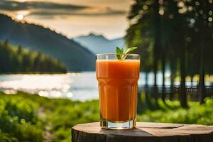 a glass of orange juice sitting on a stump in front of a lake. AI-Generated photo