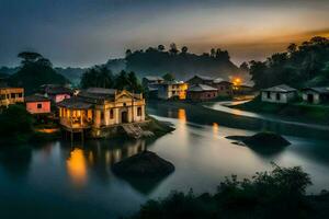 un pueblo por el río a oscuridad. generado por ai foto