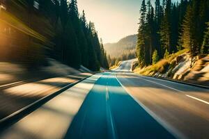 a car driving down a road in the mountains. AI-Generated photo