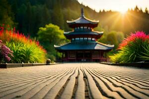 the sun shines brightly on a pagoda in the background. AI-Generated photo