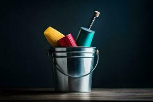 a bucket filled with paint brushes and paint. AI-Generated photo