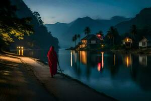 a man in red robe walking along the shore at night. AI-Generated photo