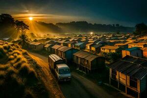 a truck drives through a village at sunrise. AI-Generated photo
