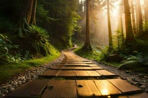 un de madera camino en el bosque con Dom brillante a través de. generado por ai foto