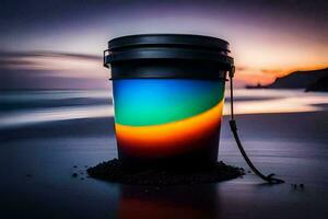 a bucket of paint on the beach at sunset. AI-Generated photo