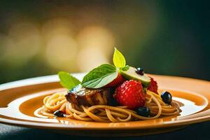 a plate of pasta with berries and mint leaves. AI-Generated photo