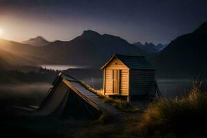a hut sits in the middle of a field with mountains in the background. AI-Generated photo