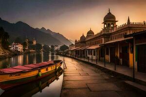 a boat sits on the water at sunset in india. AI-Generated photo