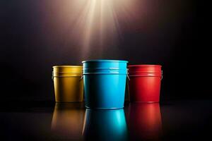 three colorful buckets on a black background. AI-Generated photo
