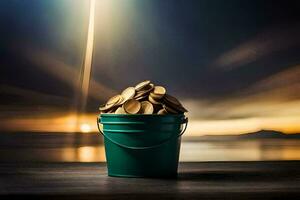 a bucket of gold coins on a table in front of a sunset. AI-Generated photo