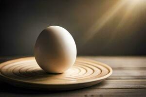 an egg on a wooden plate. AI-Generated photo