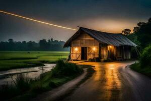 a small wooden house sits on the side of a road at dusk. AI-Generated photo