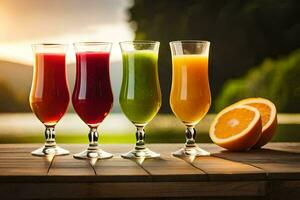 four glasses of juice on a table. AI-Generated photo