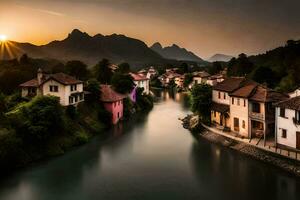 a river runs through a town at sunset. AI-Generated photo