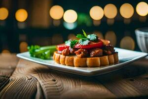 a plate with a pastry on top of a wooden table. AI-Generated photo