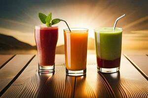 three different types of smoothies on a table. AI-Generated photo
