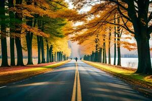 autumn road with trees and people walking along it. AI-Generated photo