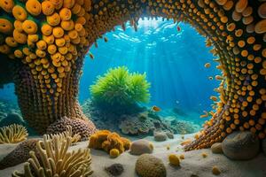 an underwater tunnel with corals and other sea life. AI-Generated photo
