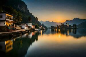 un hermosa puesta de sol terminado un lago con casas y montañas. generado por ai foto