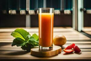 a glass of orange juice with mint leaves and strawberries. AI-Generated photo