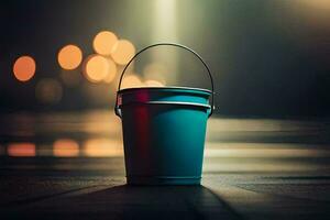a bucket sitting on the floor with lights in the background. AI-Generated photo