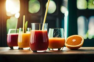 a group of glasses with different colored juices. AI-Generated photo