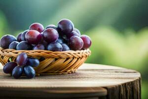 grapes in a basket on a wooden table. AI-Generated photo