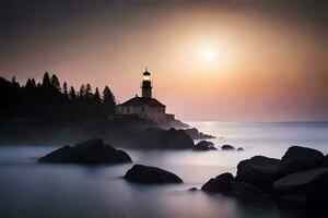 a lighthouse sits on the rocks at sunset. AI-Generated photo