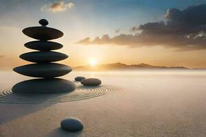 a stack of stones in the sand at sunset. AI-Generated photo