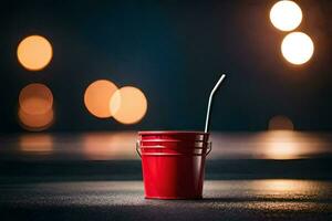 a red bucket with a straw sitting on the ground. AI-Generated photo